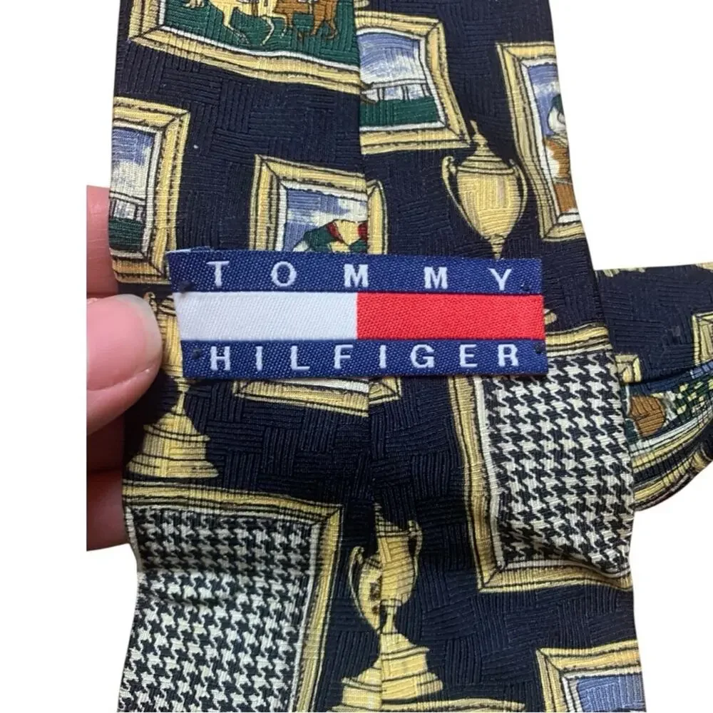 Tommy Hilfiger tie horse derby Italian silk Black art frame Gold Trophy Necktie
